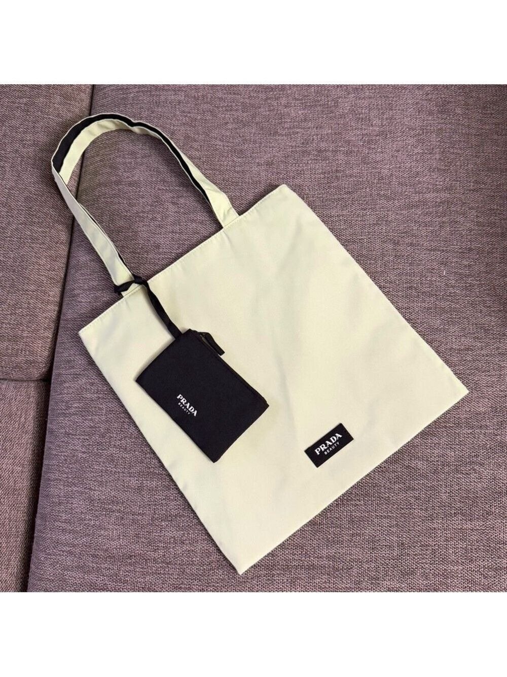 Prada Beauty Light Green Tote with Black Pouch New Authentic